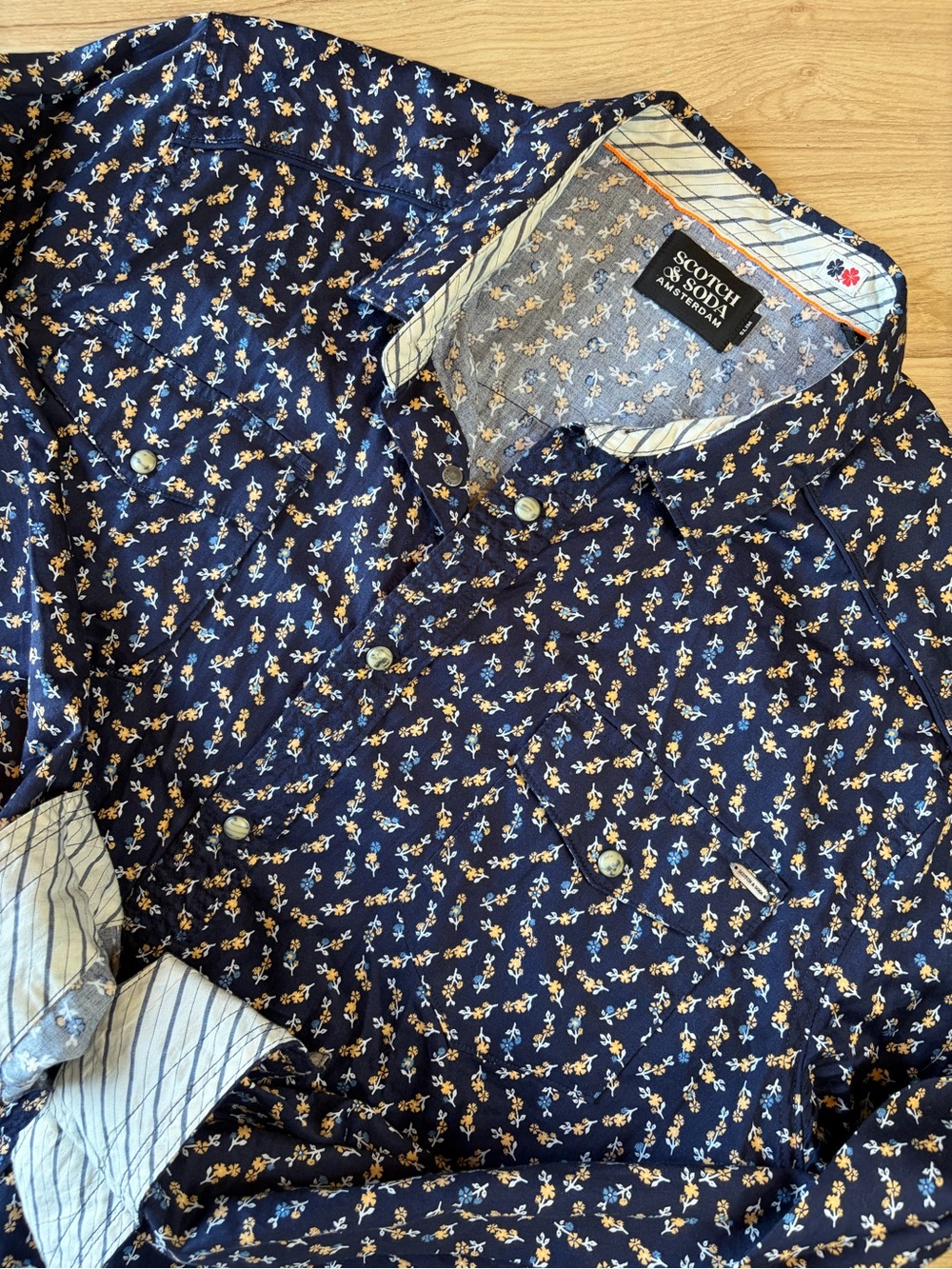 Scotch & Soda Mens Slim Fit Floral Pearl Snap Western Shirt Navy Blue XXL